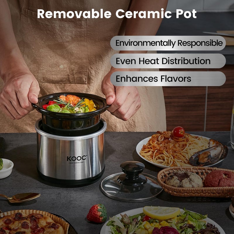 KOOC Small Slow Cooker, 0.65-Quart, Free Liners Included for Easy Clean-up, Upgraded Ceramic Pot, Nutrient Loss Reduction, Stainless Steel, Silver, Round - Image 4